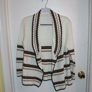 Vintage Open Collar Cardigan/ Off White Long Sleeve Sweater with Rust and Black